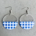 Detail view of semi-circle acrylic earrings with blue gingham pattern and silver hooks - Blue Gingham Style (1)