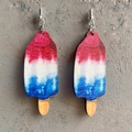 Detail of popsicle wood earrings with red white blue tie-dye and silver hooks - Tricolor Popsicle Style