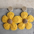 Vibrant yellow raffia woven flower earrings with golden studs for summer beach holidays - Yellow