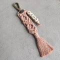Boho handmade tassel keychain with pink woven cotton cord and MAMA wooden beads - Woven Tassel Letter Pendant / Lotus root pink