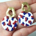 Polymer clay heart earrings with red and blue splash pattern for Independence Day - Metal Ring Splatter Round (Style 6)