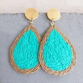 Handmade teardrop rattan earrings with blue and beige woven textures on a grey stone base - Lake Blue(2)