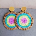 Detail view of woven rainbow earrings with gold stud on grey stone surface - Rainbow (5)
