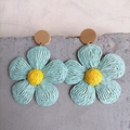 Detail of hand-woven light blue raffia flower earrings with yellow stamen and gold metal stud - Light Blue