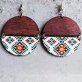 Macro detail of bohemian round wooden earrings with vibrant ethnic geometric patterns - Red Yellow Blue Ethnic Style (2)