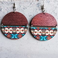 Detailed view of bohemian wood earrings with blue geometric patterns and tribal dreamcatcher print - Blue Dreamcatcher Style (3)
