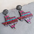 Western Texas shaped earrings with leopard print and floral silver concho studs - Geometric Stripe Leopard Texas Style