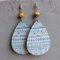 Detail of bohemian teardrop earrings featuring blue geometric patterns and yellow beads - Blue Geometric Texture Style (3)