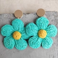 Green raffia woven flower earrings with yellow center and gold-tone studs for beach - Sage Green