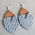 Detailed view of Bohemian drop earrings with wood tops and blue feather pattern pendants - Feather Texture (3)
