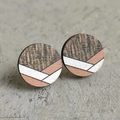 Detailed macro view of bohemian geometric round wooden earrings with colorful striped texture - Round Stripe Splicing (1)