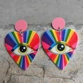 Rainbow heart-shaped acrylic drop earrings with retro pop art evil eye pattern - Rainbow Eye Heart Pattern (1)