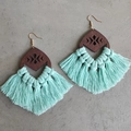 Detailed view of bohemian wood diamond earrings with mint green fringe and laser cutouts - Mint Green
