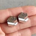 Detail of hexagonal geometric wooden studs with tri-color striped pattern held by fingers - Hexagonal Rose Gold Splicing (4)