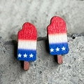 Detail of wooden popsicle earrings with US flag patriotic red, white and blue patterns - Ice Cream Style