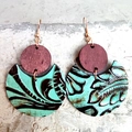 Western style wooden circle and embossed turquoise leather crescent drop earrings - Turquoise Embossed Style (1)