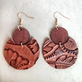 Detail of western retro leather earrings with floral embossing and round wood inlay - Brown Embossed Style (2)