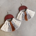 Detail view of bohemian tassel earrings with semi-circle wood and woven cotton fringe - Beige Gray Brown (3)