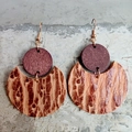 Bohemian vintage leather and wood drop earrings with textured round pendants in earth tones - Light Brown Spotted Texture Style (4)