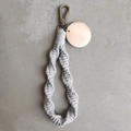 Detail of grey handmade macrame keychain with wooden tag and bronze lobster clasp - Spiral Woven Style (With Wood Tag) / Gray