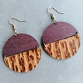 Detail of round wood and leopard print leather earrings with gold fish hooks - Purple and Leopard Pattern Style (1)
