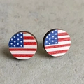 Round wooden stud earrings with American flag pattern for Independence Day style - Round Style