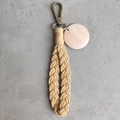 Handmade bohemian cotton rope keychain with wooden charm and vintage metal hook - With Wood Tag / Beige