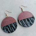 Minimalist geometric wood and leather round drop earrings with bohemian style texture - Reddish Brown and Black White Pattern Style (2)