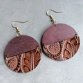 Bohemian geometric wooden and embossed leather drop earrings with golden hooks - Purple and Brown Leaf Pattern Style (4)