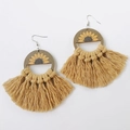Bohemian sunflower wooden earrings with yellow woven fringe tassels and silver hooks - Yellow
