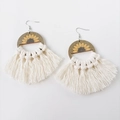 Bohemian sunflower wood earrings with cream cotton tassels and woven details - Off White