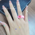 Pink chunky clay ring with red heart pattern shown on hand in a casual lifestyle setting - Pink Base Red Heart Style(ZJ8111)