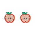 Close-up of red apple wood earrings with detailed green leaves and textured flesh finish - Apple Slice Style (ZJ9531)