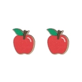 Detailed close-up of handmade wooden red apple earrings with sparkling finish and green leaves - Red Apple Style (ZJ9532)