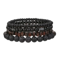 Set of four stacked bracelets with black lava rock matte beads and wooden squares - Black Wood Bead Lava Stone Set (ZJ9719)