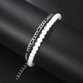Minimalist double-layer bracelet with white pearls and silver metal chain for men and women - Pearl Figaro Chain Style (ZJ10587)