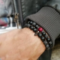 Men's punk bracelet set with black lava stone, red tiger eye, and metal skull charm - Red Tiger Eye Skull Style (ZJ9974)