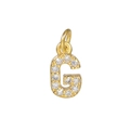 Macro shot of 18k gold plated letter G pendant with micro-pave cubic zirconia stones - Letter G / Gold