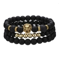 Set de pulseras de piedra de lava negra mate con dije de cabeza de león dorado - Cabeza de León Negro y Dorado de 3 Piezas (ZJ10942) / Set de tres piezas