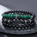 Three-piece beaded bracelet set featuring green malachite texture and black cross charm - Green Agate Cross Style (ZJ11842)