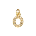 Macro detail of 14k gold plated letter O pendant with micro-pave cubic zirconia stones - Letter O / Gold