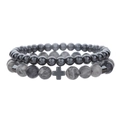 Mens beaded bracelet set with volcanic tiger eye stones and black matte cross charm - Map Stone Black Cross Style (ZJ11892)