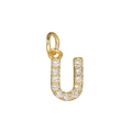 Detail of 14k gold plated letter U pendant featuring micro-paved cubic zirconia crystals - Letter U / Gold