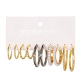 Set of 6 gold-toned hoop earrings with marble resin, pearls, and twisted metal textures - Gold 6 Pairs Marble Pearl Set (ZJ10636)