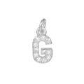 Macro shot of silver letter G pendant with micro-pave cubic zirconia for DIY jewelry making - Letter G / Silver