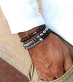 Men's map stone and hematite beaded bracelet set with black matte beads and metal charms - Grey Stone Texture Combination Style (ZJ15683)