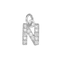 Macro shot of silver letter N pendant with micro-paved cubic zirconia and jumping rings - Letter N / Silver