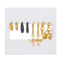 Vintage 4-pair earring set featuring gold hoops, black hoops, and wing key pendants - Gold Black 4 Pairs Wing Key Set (ZJ10782)