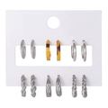 Set of 6 pairs of silver-tone and amber resin hoop earrings on a display card - Silver 6 Pairs Tortoise Texture Embossed Set (ZJ12259)