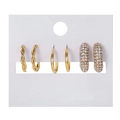 Three pairs of vintage gold hoop earrings featuring twisted, polished, and pavé rhinestone designs - Gold 3 Pairs Rhinestone Twist Set (ZJ12265)